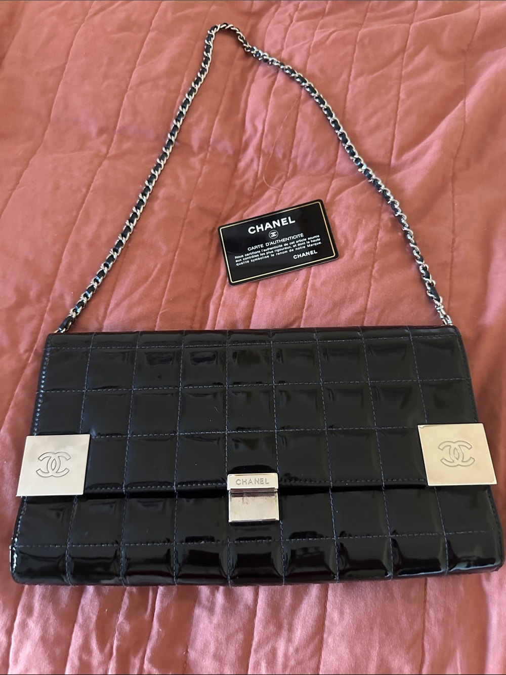 CHANEL Black Quilted Patent Leather chocolate bar silver HW pristine w card